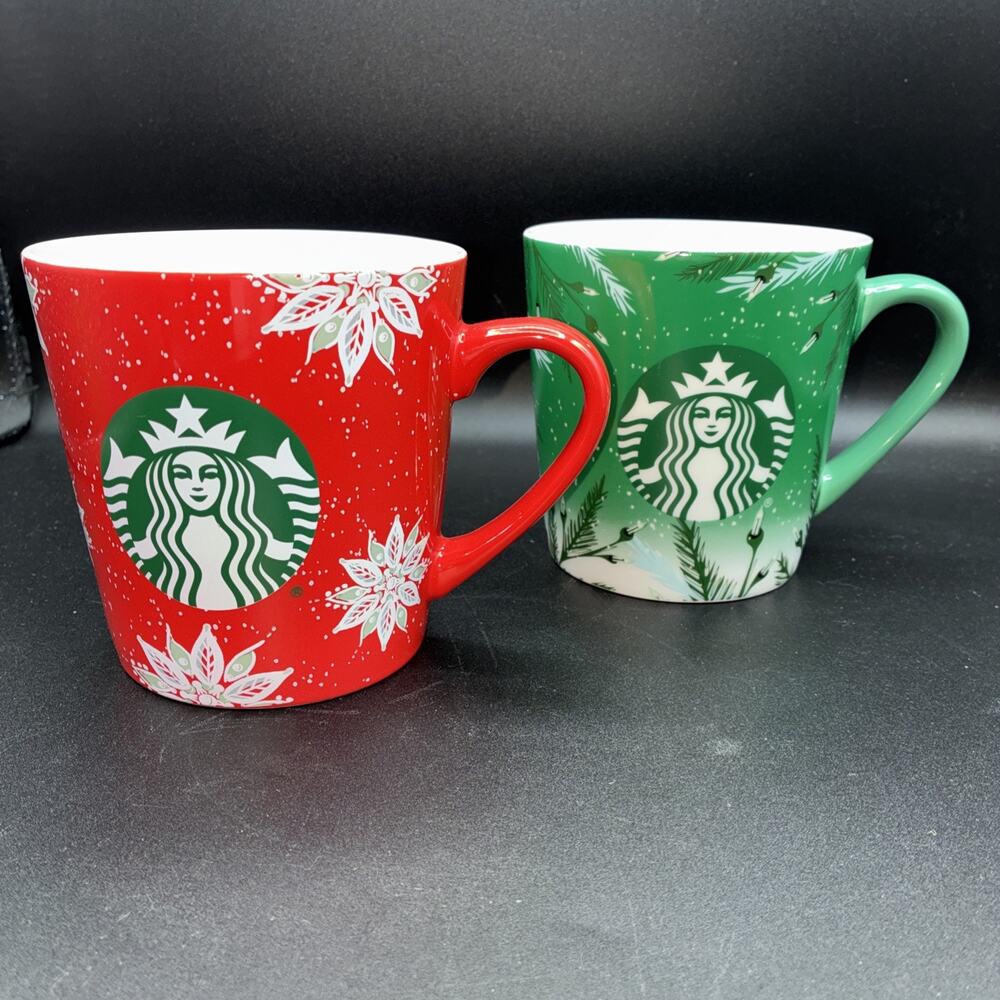 2-Starbucks 2020 (1 Green 1 Red) Christmas Coffee Mug Cup 18oz White Poinsettias